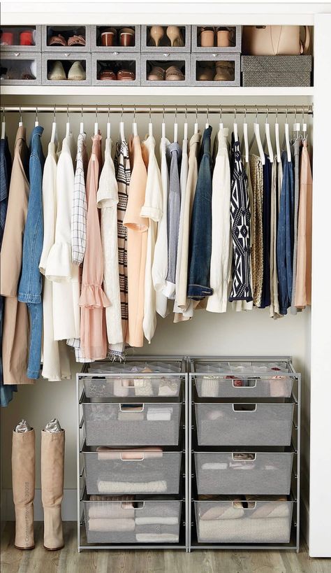 Reusing Elfa office storage in closet. Closet Ideas For Small Spaces, Small Apartment Closet, Apartment Closet Organization, Ideas Armario, Organiser Son Dressing, Wardrobe Design Modern, Organized Closet, Small Closet Space, Tiny Closet