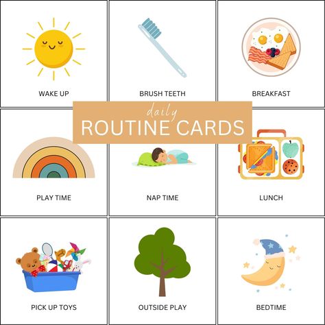 Toddler routine cards. Morning sun, brush teeth, breakfast, lunch, playtime , nap time, pick up toys, dinner Toddler Visual Schedule Free Printable, Toddler Schedule Chart, Daily Routine Worksheet For Kindergarten, Daily Routine Planner Free Printable, Kids Routine Chart Printable Free, Daily Routine Cards Free Printable, Printable Routine Cards Free, Routine Chart For Toddlers, Toddler Daily Routine Chart