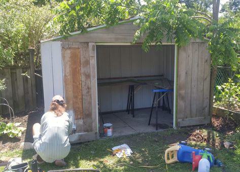 Garden Shed Makeover - alittlehintofthis.com Metal Storage Building Makeover, How To Fix Up An Old Shed, Small Shed Makeover, Steel Shed Makeover, Metal Shed Makeover Exterior, Old Shed Makeover Ideas, Metal Shed Makeover, Cute Garden Shed, Grey Deck Paint