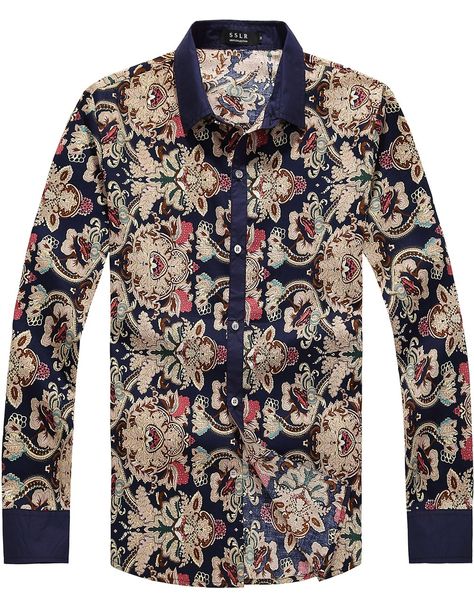 SSLR Men's Vintage Printed Long Sleeve Shirt (Small, Blue Yellow) Mens Linen Shorts, Dress Shirts For Men, Midi Dress With Pockets, Printed Dress Shirts, Floral Printed Dress, Plus Size Cargo Pants, Plus Size Suits, Button Down Dress Shirt, Novelty Clothing