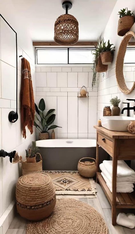 Boho White Bathroom Ideas, Boho Scandinavian Bathroom, Clean Boho Bathroom, Bathroom Bohemian Style, Bathroom Boho Style, Tulum Bathroom Decor, Bathroom Ideas White Tiles, Mid Century Boho Bathroom, Plants Bathroom Ideas