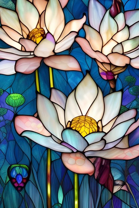 Beautiful colorful stained glass image of lotus flowers Lotus Stained Glass Pattern, Stained Glass Lotus Flower, Stained Glass Painting Canvas, Art Nouveau Stained Glass, Flower Stained Glass Patterns, Stained Glass Tattoo Ideas, Lotus Flowers, Art Nouveau Stained Glass Patterns, Stained Glass Flowers Patterns