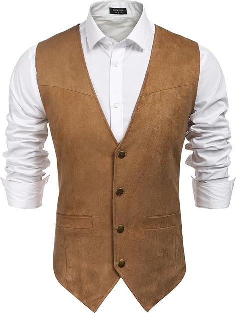 COOFANDY Men's Suede Leather Suit Vest Casual Western Vest Jacket Slim Fit Vest Waistcoat at Amazon Men’s Clothing store Luxury Men's Brown Vest, Mens Leather Western Vest, Tailored Single-breasted Brown Vest, Brown V-neck Vest With Buttons, Luxury Men's V-neck Vest, Western Vest, Leather Suit, Men Suede, Vest Waistcoat