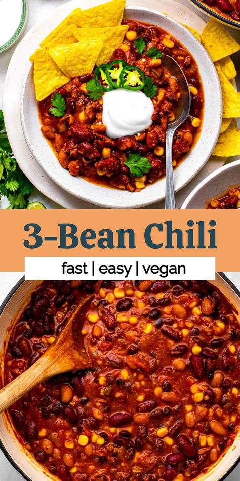 Spice up your weeknight dinner routine with this quick and flavorful three bean chili! Packed with a medley of kidney, black, and pinto beans, this hearty dish is not only a protein powerhouse but also a time-saving hero, ready to grace your table in just 25 minutes. Chili Beans Vegetarian, Easy Vegan Chili Recipe, Five Bean Chili Recipe, Three Bean Chili Crockpot, Easy Bean Chili, Recipes With Pinto Beans, Kidney Beans Recipes, Bean Chili Vegetarian, Kidney Bean Chili