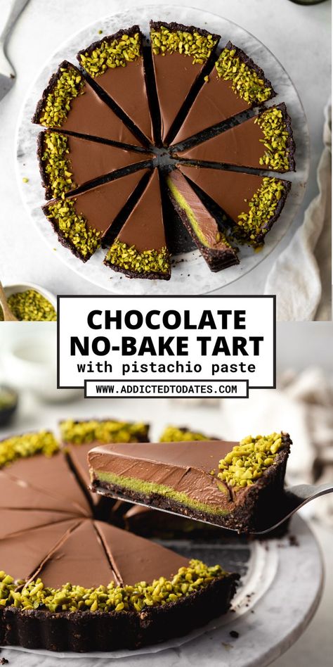 chocolate tart with pistachios on top of a marble cutting board. Pistachio Paste, Winter Torte, Vegan Tarts, Chocolate Tarts Recipe, Pistachio Dessert, Resep Brownies, Pistachio Recipes, Tart Baking, Pistachio Cake