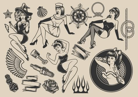 Pin-up, marine, rockabilly and Halloween tattoo style designs Traditional Tattoo Pin Up Girl, Rockabilly Tattoo Designs, Sea Life Tattoo, Pinup Tattoo Ideas, Traditional Tattoo Pin Up, Pin Up Girl Tattoos, Rockabilly Halloween, Life Tattoo Ideas, Tee Illustration