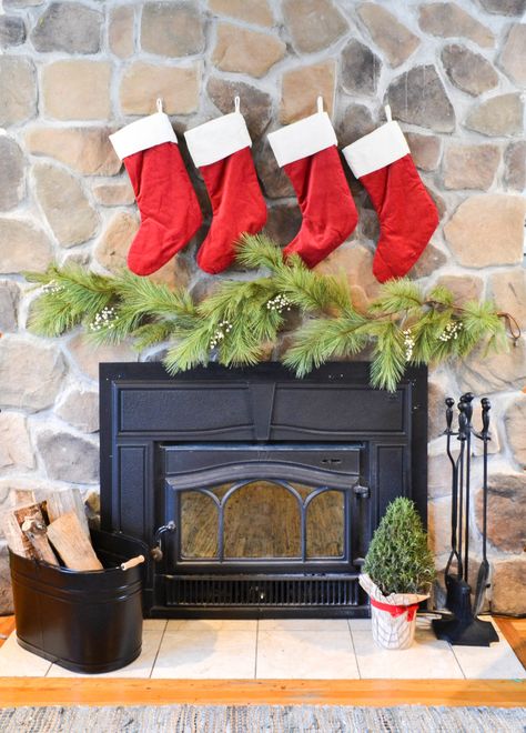 Fireplace Decor With No Mantle, Fireplace With No Mantle Christmas, Christmas Fireplace Decor No Mantle, Stockings No Mantle Fireplace, Fireplace No Mantle, Holiday Decor Trends, Fireplace Stockings, Fireplace Mantles, Mantle Garland