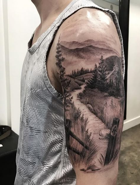 40 Landscape Tattoo Ideas | Art and Design Landscape Tattoo Ideas, Natur Tattoo Arm, Wilderness Tattoo, Tattoos Symbols, Adventure Tattoo, Scene Tattoo, Mountain Tattoo Design, Nature Tattoo Sleeve, Tattoo Diy