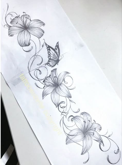 Lilly Flower Tattoo Designs Forearm, Lily Flower Sleeve Tattoo, Pretty Flowers Tattoo Design, Flower Side Arm Tattoo, Flower Vain Tattoos, Big Lotus Flower Tattoo, Vine And Flower Tattoo Sleeve, Lily Flower Back Tattoo, Detailed Flower Tattoos