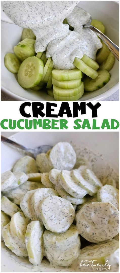 Creamy Cucumber Salad- easy bbq side dish low carb keto diet friendly. summer time low calorie side dish. Dill sour cream and more. so good Side Dish Low Carb, Low Calorie Sides, Low Calorie Side Dishes, Easy Bbq Side Dishes, Bbq Side Dish, Bbq Side, Creamy Cucumber Salad, Salad Easy, Creamy Cucumbers