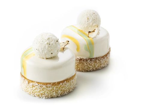 Yuzu Coconut - photo1 | Debic Coconut Mousse, Coconut Tart, Fancy Desserts Recipes, Creative Dessert Recipes, Patisserie Fine, Fine Dining Desserts, Slice Cake, Pastry Cook, Tart Dessert