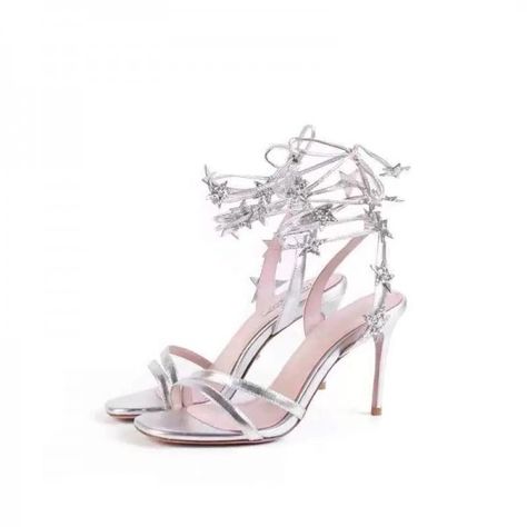 Silver Star Strappy Sandals Open Toe Stiletto Heel Sandals for Party, Night club, Date | FSJ Silver Star Heels, Swashbuckler Rogue, Silver Strappy Sandals, Pencil Heels, Silver Strappy Heels, Strappy High Heels Sandals, Prom 2023, Preppy Shoes, Prom 2024