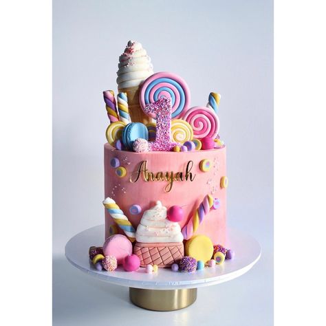 Sweet One First Birthday Cake, Colorful Candy Cake, Fourever Sweet, Candy Theme Cake, Candy Land Cake, Lolly Cake, Candyland Cake, Candy Birthday Cakes, Minnie Mouse Birthday Cakes