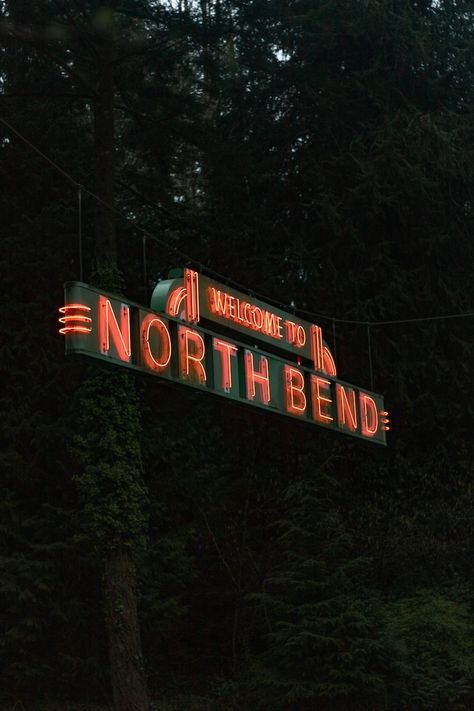 a neon sign that reads welcome to north bend Pacific Northwest Gothic Aesthetic, North West Aesthetic, North Bend Oregon, Pacific Northwest Aesthetic, Northwest Aesthetic, Oregon Aesthetic, North Bend Washington, Downtown Vibes, Wallpaper Vision Board