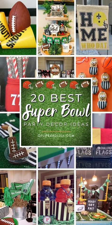 Super Bowl party decor ideas Super Bowl Table Decor, Superbowl Party 2024, Superbowl Party Centerpieces, Super Bowl Set Up, Super Bowl Display, Decorate For Superbowl Party, Superbowl Party Backdrop, Decorating For Super Bowl Party, Easy Super Bowl Decorations