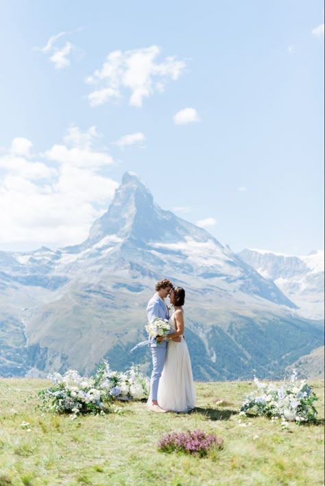 Couple elope in front of the Matterhorn Proposal In Switzerland, Swiss Alps Elopement, Swiss Alps Wedding, Zermatt Wedding, Swiss Elopement, Wedding In Mountains, Alps Wedding, Switzerland Elopement, Swiss Wedding