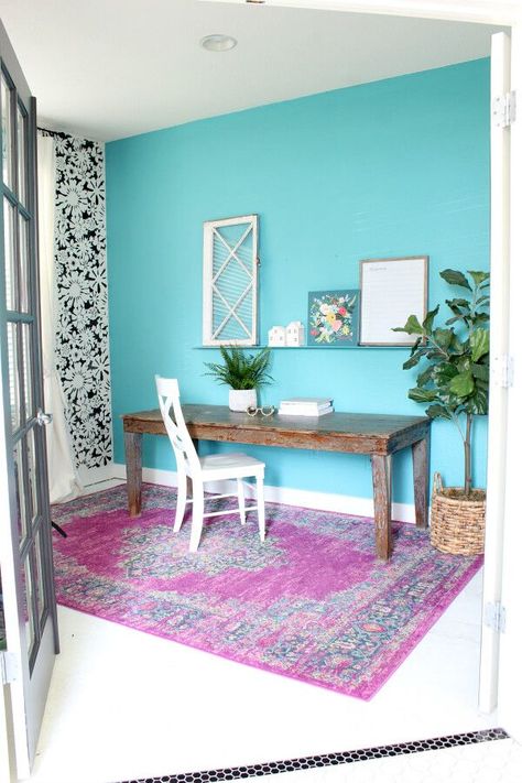 We upgraded our home office with an accent wall that pops! Turquoise Painted Walls, Turquoise Accent Wall, Turquoise Accent Walls, Wall Challenge, Turquoise Office, Turquoise Wall Decor, Aqua Walls, Turquoise Walls, Accent Wall Colors