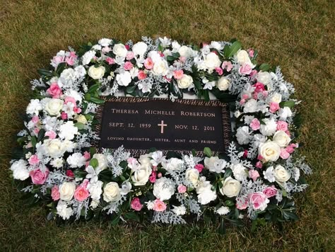 Custom headstone arrangement in pinks, white and gray. Floral Arrangements For Gravesite, Tomb Decoration With Flowers, Decorating Graves Cemetery Ideas, Graveyard Flowers Ideas, Gravestone Flowers, Cemetery Decorations Flowers, Flower Arrangements For Cemetery, Cemetery Ideas, Tombstone Flower Arrangements