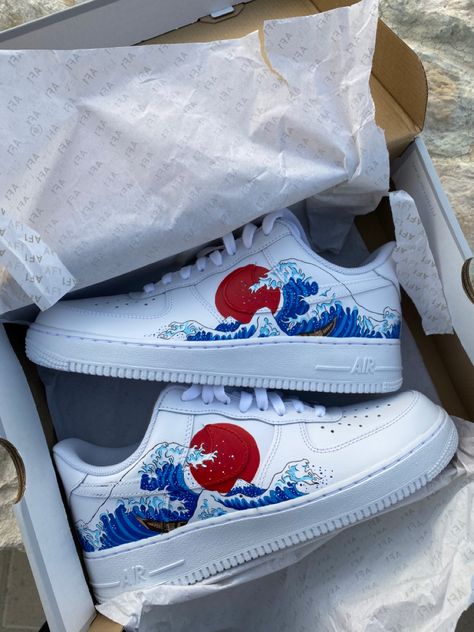 Custom handpainted sneakers Nike Air Force 1. Wave Off Kanagawa. Painted Shoes Diy, Custom Sneakers Diy, Air Force 1 Sneakers, Custom Painted Shoes, Take A Risk, Diy Sneakers, Custom Shoes Diy, Nike Shoes Air Force, Nike Fashion Shoes