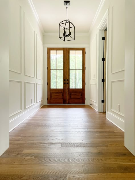 Wall Moulding Ideas Hallways Entryway, Hallway Crown Molding Ideas, Traditional Picture Frame Molding, Frame Molding Hallway, Entryway With Molding, Hallway Box Trim, Foyer Molding Entryway, Craftsman Wall Molding, Wainscoting Entry Way