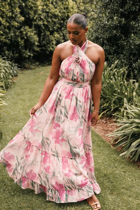 Lennon Halterneck Maxi Dress - Pink Floral - Petal & Pup USA Garden Party Wedding Attire, Floral Wedding Guest Dress, Pink Bridesmaids Dress, Wedding Guest Fits, Garden Party Aesthetic, Floral Pink Dress, Floral Wedding Guest, Wedding Dress Code, Guest Ideas