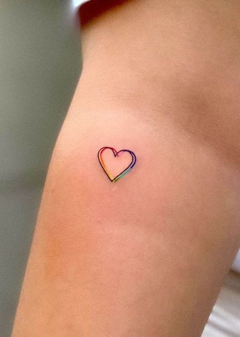 Small Rainbow Heart Tattoo, Heart Rainbow Tattoo, Cute Left And Right Tattoo, Heart Tattoo Colorful, Meaningful Heart Tattoos, Colourful Small Tattoos, Rainbow Tattoo Watercolor, Inclusion Tattoos, Small Simple Color Tattoos