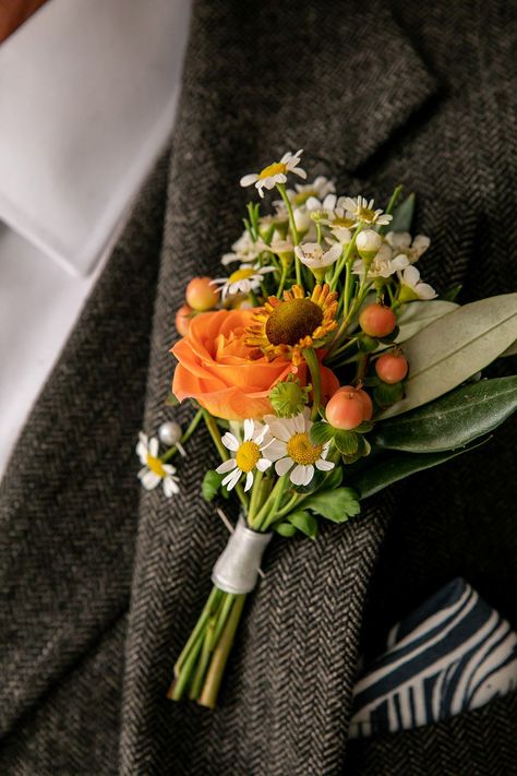 Groom Buttonhole Flowers Orange Rose Berry Northumberland Barn Wedding Erika Tanith Photography #wedding #buttonhole Wedding Button Holes, Groom Buttonhole, Orange Wedding Ideas, Wedding Buttonholes, Buttonhole Flowers, Groom Buttonholes, Button Holes Wedding, Winter Wedding Cake, Themes Wedding