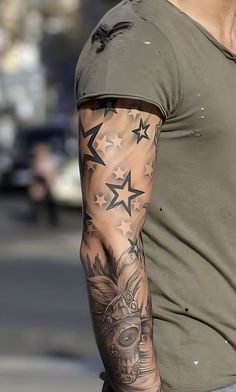 Star Tattoo Sleeve For Men, Shaded Background Tattoo, Forearm Star Tattoo Men, Star Tattoo Men Arm, Cloud Tattoo With Stars, Stars Arm Tattoo Sleeve, Star Tattoo Arm Sleeve, Cloud Stars Tattoo, Star Sleeve Tattoo Men