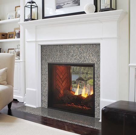 Install this fireplace on an exterior wall and enjoy both inside and outside. | Fortress Indoor/Outdoor See-Through Gas Fireplace | WoodlandDirect.com Two Sided Fireplace, Indoor Outdoor Fireplaces, Direct Vent Gas Fireplace, Gas Fireplace Insert, Outdoor Gas Fireplace, Double Sided Fireplace, Outdoor Fireplaces, Fireplace Remodel, Fireplace Ideas