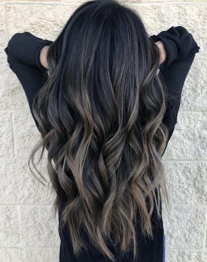 Balayage On Long Black Hair, Black Long Hair Highlights, Dark Brown Bolyoge Hair, Black Hair With Balayage Highlights, Balayage Hair Black To Brown, Long Black Hair Balayage, Brown Hair With Ashy Balayage, Low Maintenance Balayage Black Hair, Ash Balayage On Black Hair