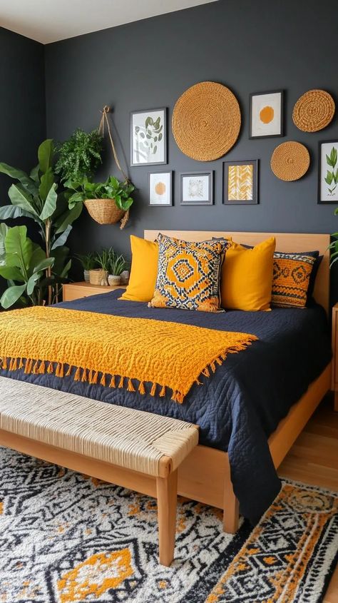 23 Whimsical Moody Boho Bedroom Ideas to Copy 1 Moody Yellow Bedroom, Bright Guest Bedroom, Mustard And Navy Bedroom, Blue Peacock Bedroom, Jewel Tone Boho Bedroom, Mustard And Pink Bedroom, Boho Glam Bedroom Decor, Themes For Bedrooms, African Inspired Bedroom