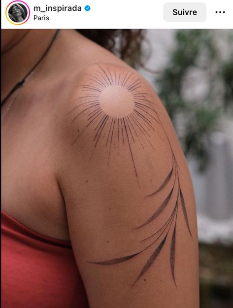 Sunshine Shoulder Tattoos For Women, Shoulder Sun Rays Tattoo, Sun Shoulder Cap Tattoo, Sun Tattoo With Color, Quote Shoulder Tattoo, Sunburst Tattoo Shoulder, Boho Shoulder Tattoo, Tattoos Shoulder Women, Back Shoulder Tattoos For Women Unique