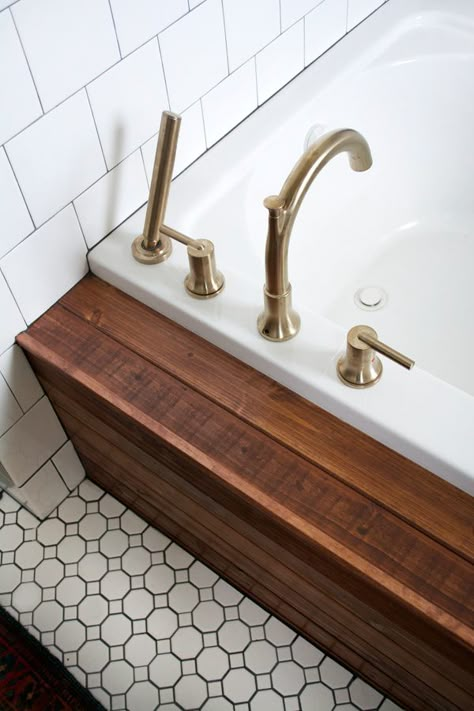 Wood Tub Skirt, Drop In Tub Ideas Master Bath, Bathtub Faucet Placement, Tub Skirt Ideas Diy, Wood Tub Surround, Diy Bathtub Makeover, Diy Tub Skirt, Tub Skirt, Bathtub Makeover