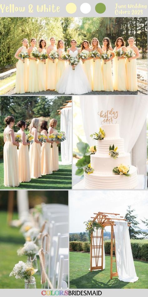 June Wedding Ideas, Pastel Yellow Bridesmaid Dresses, Hunters Wedding, Light Yellow Weddings, Pale Yellow Weddings, Pink Yellow Weddings, June Wedding Colors, Yellow And White Wedding, Bridesmaid Dresses White