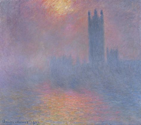 The Houses of Parliament, London, with the sun breaking through the fog by Claude Monet Breaking Through, Claude Monet House, Houses Of Parliament London, Courtauld Gallery, Big Ben Clock, Claude Monet Paintings, Monet Paintings, Impressionism Painting, Houses Of Parliament