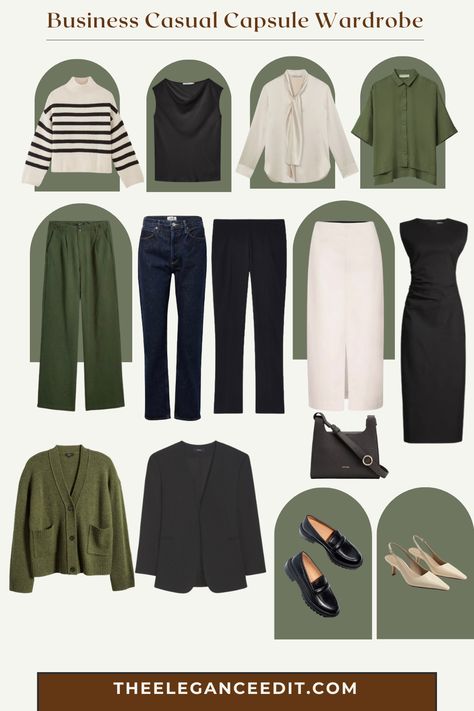 Business Casual Capsule Wardrobe 30s Business Casual, Dark Green Capsule Wardrobe, Green Pant Outfits For Women, Capsule Business Casual Wardrobe, Olive Capsule Wardrobe, Business Casual Capsule Wardrobe 2024, Scandinavian Business Casual, Corporate Capsule Wardrobe, Green Capsule Wardrobe