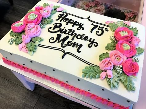 Pretty floral 75th birthday cake! Sheet Cakes Decorated With Flowers, Colorful Sheet Cake, 70th Birthday Sheet Cake, Sheet Cake Ideas Decorated, 80th Birthday Sheet Cake, Rectangular Cake Decoration Ideas, Sheet Cake With Flowers, Sheet Cake Decorating Ideas Birthday, Pretty Sheet Cakes