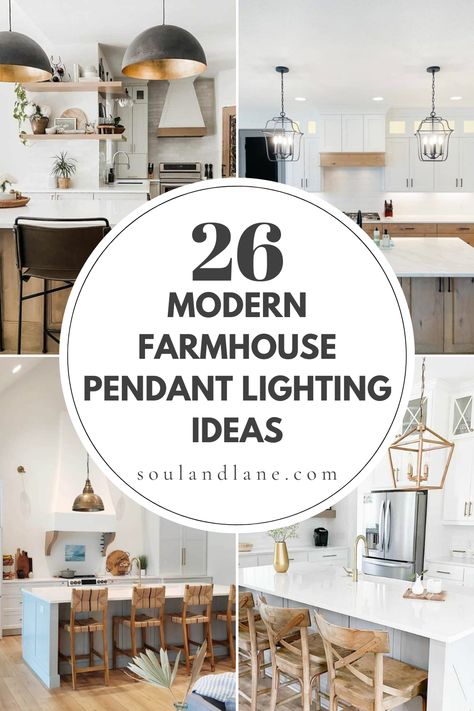 Illuminate your home with the rustic charm and contemporary flair of modern farmhouse pendant lighting. These stunning fixtures blend traditional comfort with sleek, modern design, creating a cozy yet sophisticated atmosphere. From sleek, metal finishes to warm, wooden accents, explore a variety of pendant styles that can complement any room in your farmhouse-inspired home. Discover how oversized pendants can make a bold statement above kitchen islands, or how grouping smaller fixtures can creat Rustic Kitchen Pendant Lights Over Island, Farmhouse Island Chandelier, Modern Cottage Pendant Lights, Modern Farmhouse Kitchen Lights Pendants, Modern Farmhouse Kitchen Pendants, Farmhouse Hanging Light Fixtures, Modern Farmhouse Pendant Lights Kitchen, Modern Farmhouse Interior Lighting, Organic Modern Kitchen Island Lighting