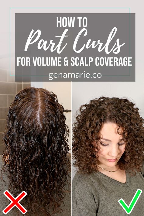 How to Part Curly Hair for Volume & Scalp Coverage 4 Ways | Parts for Low-Density Hair – Gena Marie Part Curly Hair, Curly Hair Techniques, Natural Curly Hair Cuts, Layered Curly Hair, Thick Curly Hair, Cute Curly Hairstyles, Natural Curls Hairstyles, Haircuts For Curly Hair, Natural Curly Hair