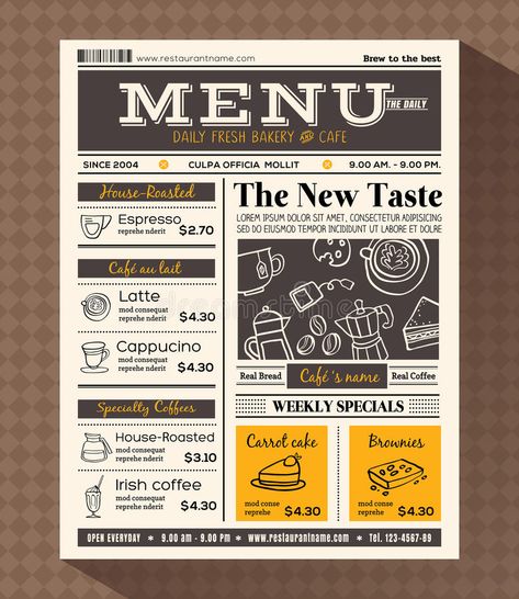 Menu Design Inspiration, Cafe Menu Design, Menu Illustration, Menue Design, Menu Design Template, Graphic Design Infographic, Coffee Menu, Leaflet Design, Vintage Newspaper