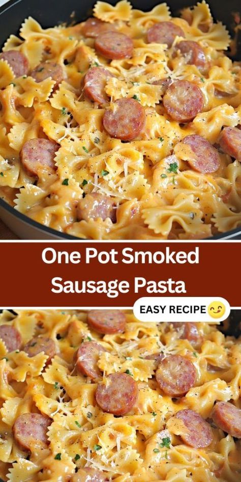 Discover the ultimate one-pot meal with this Smoked Sausage Pasta recipe. Featuring hearty smoked sausage, tender bow tie pasta, and a creamy tomato sauce, this easy dinner is packed with flavor and ready in just 30 minutes. Perfect for busy weeknights, this dish combines convenience with comfort, and the addition of cheddar cheese makes it extra satisfying. Ideal for families and meal prepping! One Pot Smoked Sausage Pasta, Smoked Sausage Dinner Recipes, One Pot Smoked Sausage, Easy Sausage Dinner Recipes, Smoked Pasta, Sausage Pasta Dinner, Smoked Sausage Recipes Pasta, Beef Sausage Recipes, Sausage Pasta Sauce