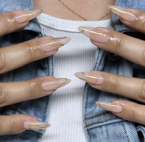 Long Almond Nail Inspiration, Acrylic Nails Inspiration Simple, Textures Nails, Nude Baddie Nails Almond, Almond Nails Simple Design, Gold Line Nails, Pink Acrylic Nails Almond, Natural Nail Looks, Almond Nails Black Women