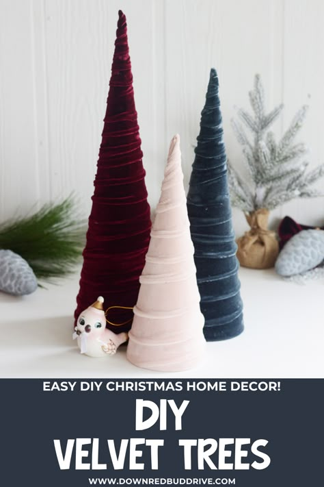 These DIY Velvet Trees are the perfect way to add elegance to your Christmas home decor this year! They're an easy DIY Christmas project! DIY Velvet Trees | Velvet Christmas Decorations | Velvet Christmas Decor | Velvet Tree | Elegant Christmas Decor | Jewel Tone Christmas Decor | DIY Christmas Home Decor | Down Redbud Drive Jewel Tone Christmas Decor, Velvet Christmas Decor, Jewel Tone Christmas, Diy Xmas Decor, Velvet Tree, Diy Christmas Home Decor, Diy Christmas Decorations For Home, Yarn Trees, Trees Diy