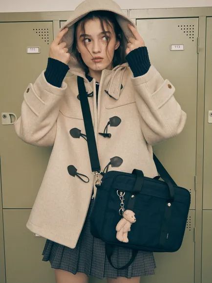 YEAR END SALE 2022 | W Concept Duffle Coat Outfit, Cute Winter Coats, Hooded Wool Coat, Toggle Coat, Tweed Shorts, Fall Lookbook, Toggle Button, Coat Outfit, Coat Stands