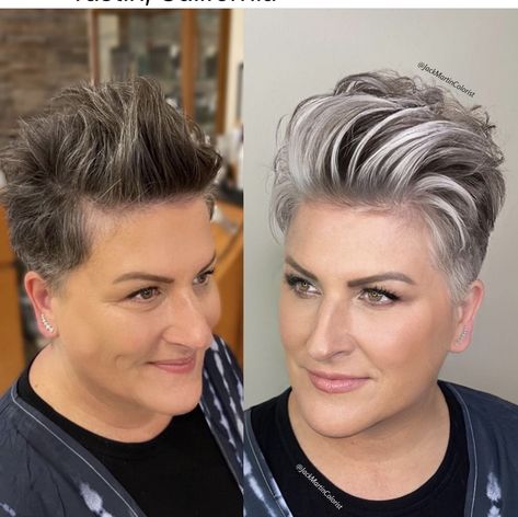 Corte Shaggy, Pixie Cut With Highlights, Gray Highlights, Gray Blending, Brunette Pixie, Gray Hair Color, Grey Hair Transformation, Grey Highlights, Long Shag