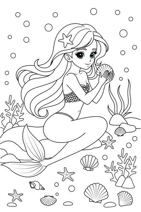 Cute Mermaid Princess Coloring Page
 
 🎨 Print this free coloring page and let your child's imagination run wild! This mermaid princess is waiting to be colored in with your child's favorite colors. #coloringpage #mermaid #princess #art #kids #activity #learning #fun Coloring Pages Colored, Mermaid Outline, Kawaii Mermaid, Little Mermaid Characters, Happy Diwali Wallpapers, The Little Mermaid Party, Disney Princess Coloring Pages, Fantasy Mermaid, Mermaid Drawings