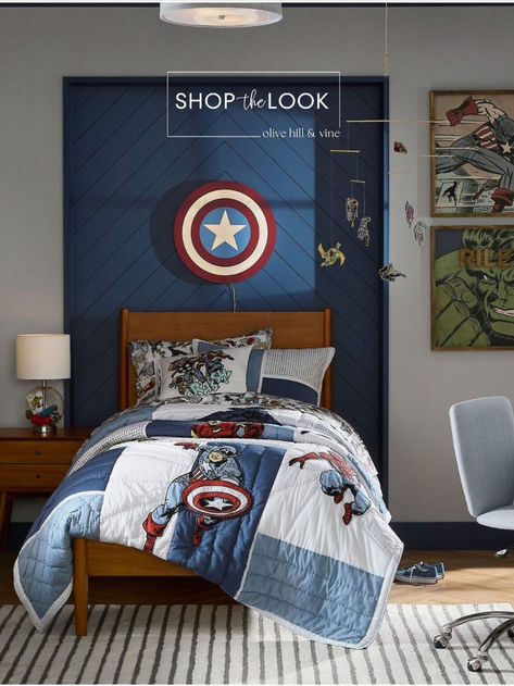 Looking for a "MARVEL”ous bedroom vibe for your little superhero? Imagine a space where Captain America and Hulk art sets the scene, personalized just for your guy. Add in a table lamp that doubles as a collection holder, cozy hero bedding, a Marvel mobile, and a light-up Captain America shield! Heroic dreams await!    Visit our website or find us on LTK to shop the look! Super Hero Bedroom Ideas For Boys, Toddler Marvel Bedroom, Boys Military Bedroom, Avengers Room Ideas Boy Bedrooms, Kids Superhero Bedroom, Super Hero Rooms For Boys, Boys Marvel Bedroom Ideas, Marvel Bedroom Ideas Boy Rooms, Marvel Toddler Room