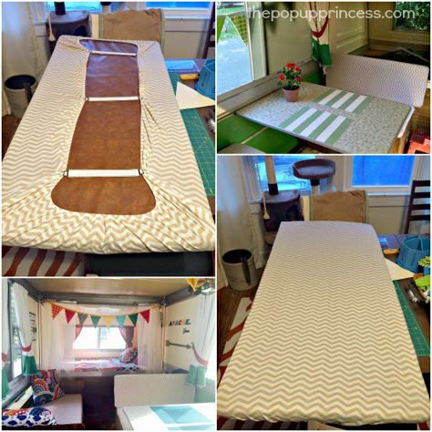 Use fitted crib sheets to cover your camper cushions.  They are economical and easy to remove for washing. Apache Camper, Pop Up Remodel, Pop Up Camper Ideas, Pop Up Princess, Cushions Ideas, Camper Cushions, Popup Camper Remodel, Pop Up Campers, Pop Up Trailer