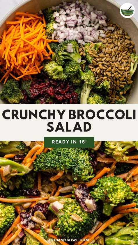 This Vegan Broccoli Salad tosses crunchy veggies, sunflower seeds, and chewy dried fruit in a creamy and tangy dressing to give you the best side dish for picnics, potlucks, and warm weather meals! Vegan, Gluten-Free, & Oil-Free. Broccoli Power Salad, Tangy Broccoli Salad, Broccoli Peanut Salad, Vegan Broccoli Salad Recipe, Vegan Thanksgiving Salad, Broccoli Salad Vegan, Christmas Brisket, Asian Broccoli Salad, Salad Recipes Broccoli