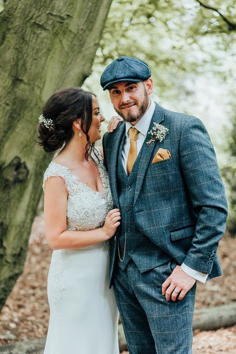 Groom Groomsmen Blue Suits Waistcoats Hat Flat Cap Hazlewood Castle Woodland Wedding Nicola Mackrill Photography #Groom #Groomsmen #BlueSuits #Waistcoats #Wedding #FlatCap Hat For Groom Wedding, Groom In Hat, Vintage Wedding Groom Attire, Groom Hats For Wedding, Groom Hat Wedding, Groom With Hat, Modern Groom Attire, Creative Suits, 2nd Wedding Ideas